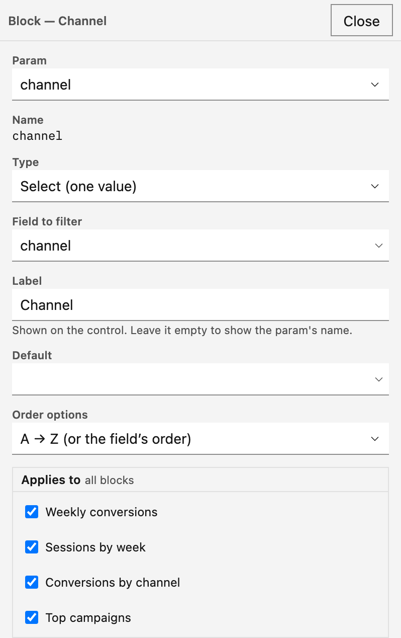 The form of the Channel control in the Properties panel, under the title Block — Channel. From the top: Param set to channel, the name channel, Type set to Select (one value), Field to filter set to channel, Label set to Channel, an empty Default, Order options set to A → Z (or the field's order), and the Applies to checklist with four blocks checked.