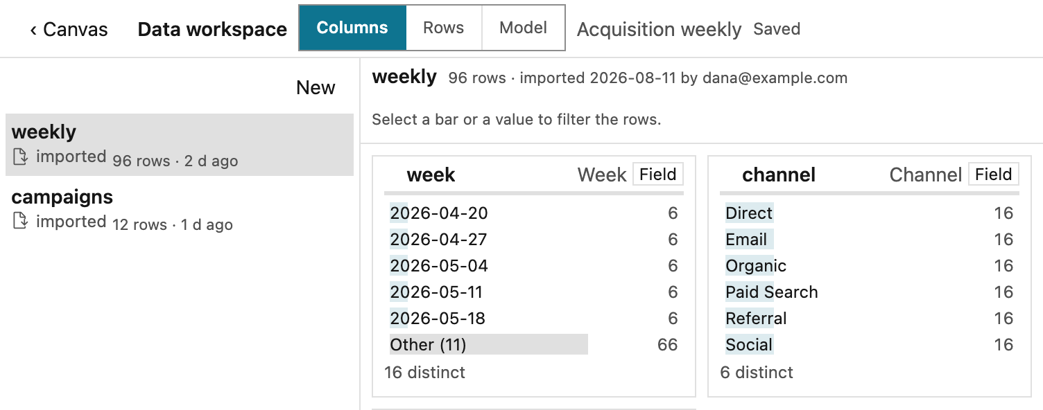 The Data workspace. Its bar holds Canvas, the Columns, Rows, and Model views, and the dashboard name. The datasources weekly and campaigns are listed on the left, with weekly selected. On the right are the facts of weekly and one tile per column, each with its most common values and a count of distinct values.