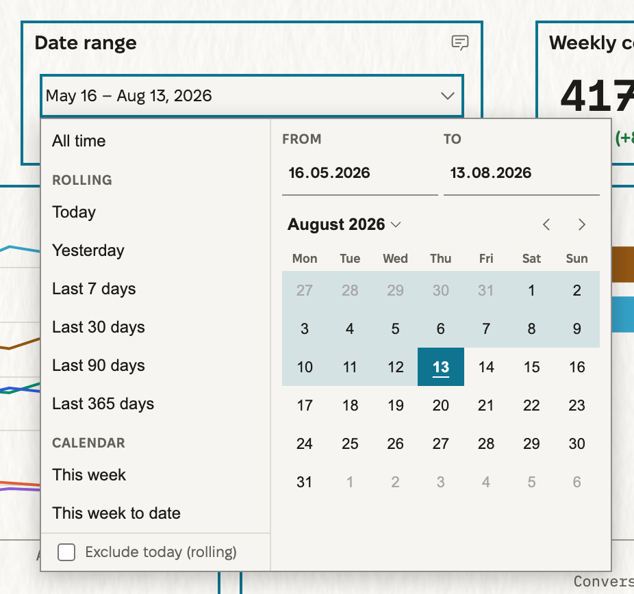 The date-range popover open under its control. On the left are the presets: All time, the rolling day counts from Today to Last 365 days, and the calendar periods. At the foot is the Exclude today (rolling) switch. On the right are the typed From and To bounds and the August 2026 calendar, with the standing range highlighted up to today.