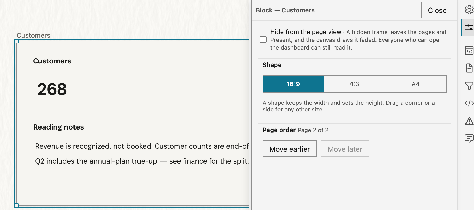 The frame named Customers, selected on the canvas with a scorecard and a note on it. Its form in Properties holds Hide from the page view, Shape with 16:9, 4:3, and A4, and Page order with Page 2 of 2 and the Move earlier and Move later buttons.