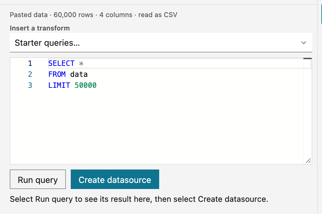 The query half of the import editor for 60,000 pasted rows. The facts line reads 'Pasted data · 60,000 rows · 4 columns · read as CSV'. Under it are the Insert a transform picker, the starter query SELECT * FROM data LIMIT 50000, and the Run query and Create datasource buttons.