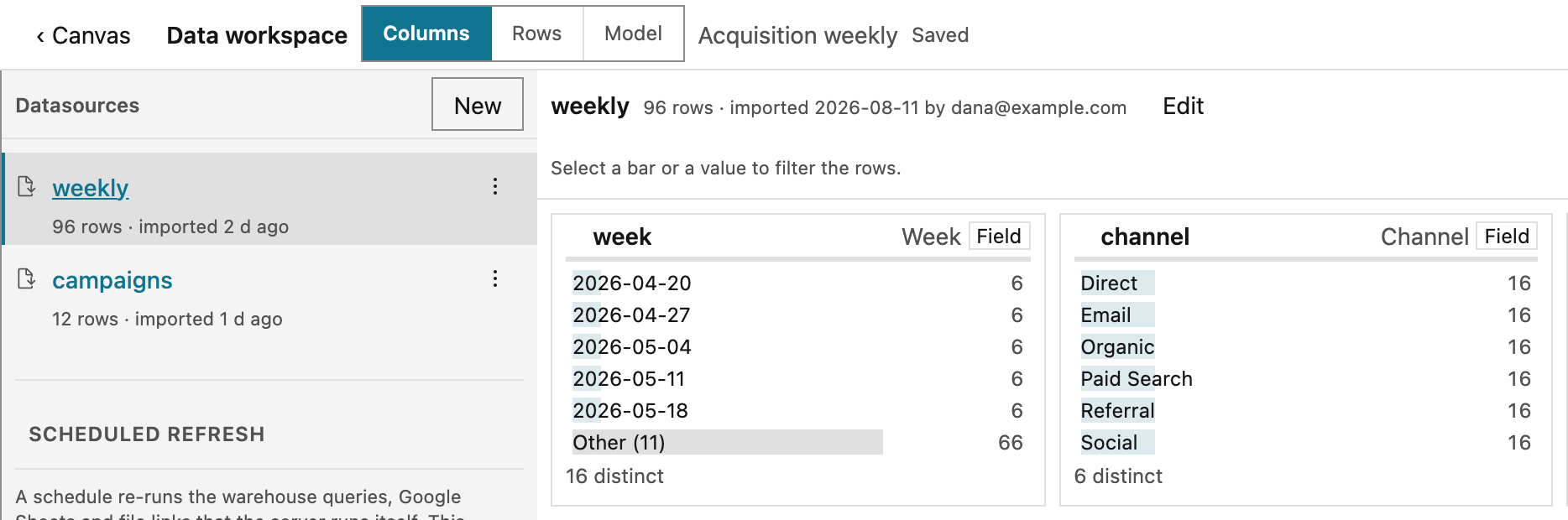 The Data workspace. Its bar holds Canvas, the Columns, Rows, and Model views, and the dashboard name. The datasources weekly and campaigns are listed on the left, with weekly selected. On the right are the facts of weekly and one tile per column, each with its most common values and a count of distinct values.