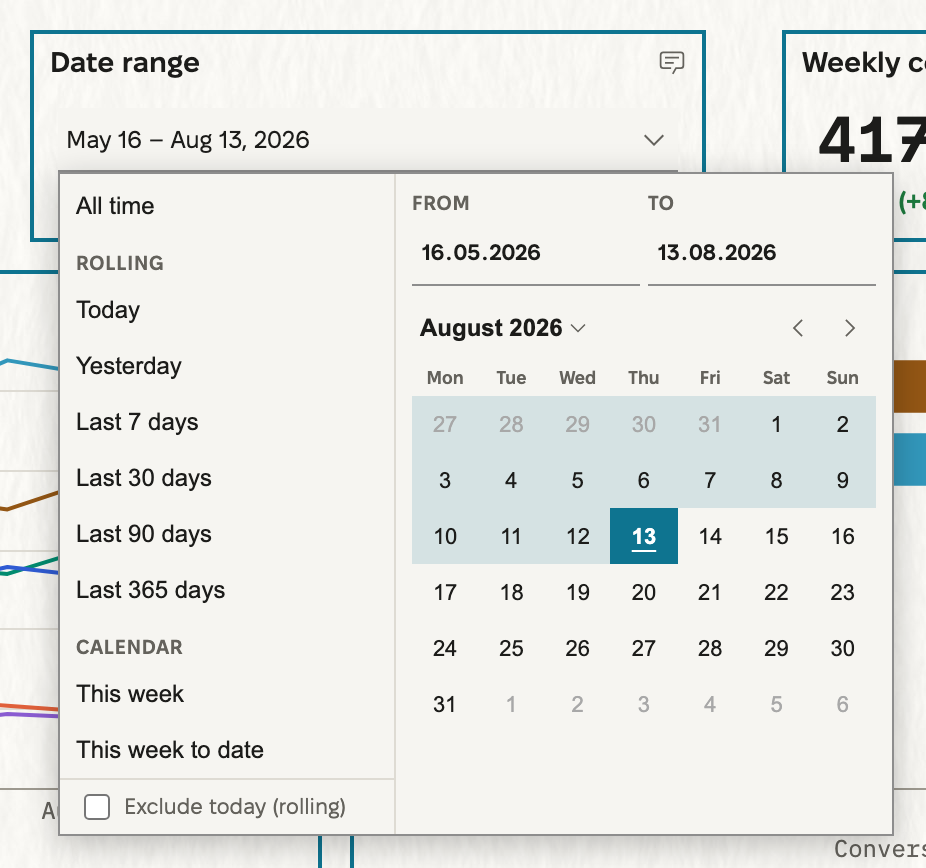 The date-range popover open under its control. On the left are the presets: All time, the rolling day counts from Today to Last 365 days, and the calendar periods. At the foot is the Exclude today (rolling) switch. On the right are the typed From and To bounds and the August 2026 calendar, with the standing range highlighted up to today.