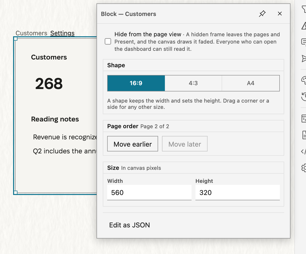 The frame named Customers, selected on the canvas with a scorecard and a note on it, and Settings beside its name. Its form, open beside the frame, holds Hide from the page view, Shape with 16:9, 4:3, and A4, Page order with Page 2 of 2 and the Move earlier and Move later buttons, and Size.