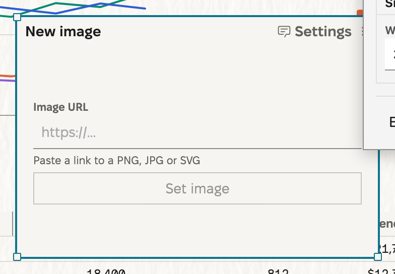 A new image block named New image. Its body holds the Image URL field, empty, with the hint 'Paste a link to a PNG, JPG or SVG', and the Set image button.