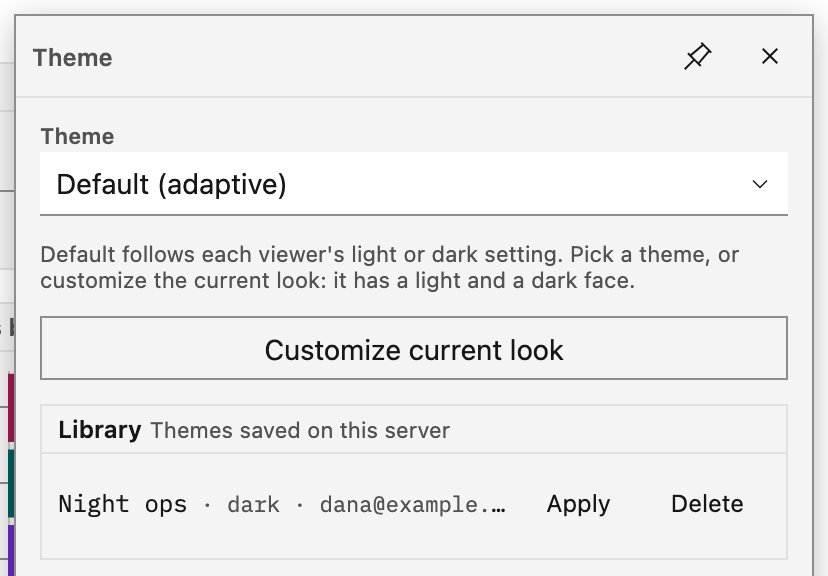 The theme editor on a dashboard with no theme. The Theme list reads Default (adaptive). Under it, a hint and the Customize current look button. Below them, the Library group lists one saved theme, Night ops, with Apply and Delete.