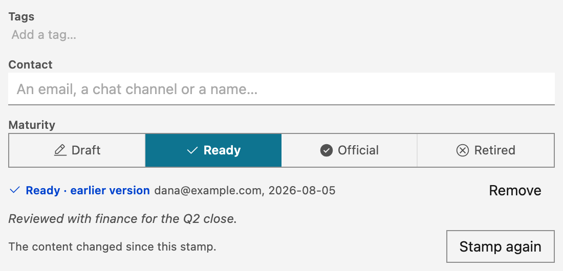 The trust fields in the Dashboard settings dialog. Tags is empty, with 'Add a tag…' in the field. The Contact field is empty. The Maturity row has Draft, Ready, Official and Retired, with Ready selected. Under it, the stamp line reads 'Ready · earlier version', with dana@example.com, the date and Remove, then the stamp's note. The last line says that the content changed since this stamp, and has the Stamp again button.