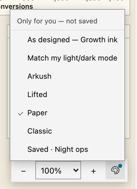 The palette menu open above the zoom bar. Its header reads 'Only for you — not saved'. The items are 'As designed — Growth ink', 'Match my light/dark mode', Arkush, Lifted, Paper, Classic, and 'Saved · Night ops'. Paper has a check mark, and a dot marks the palette icon.